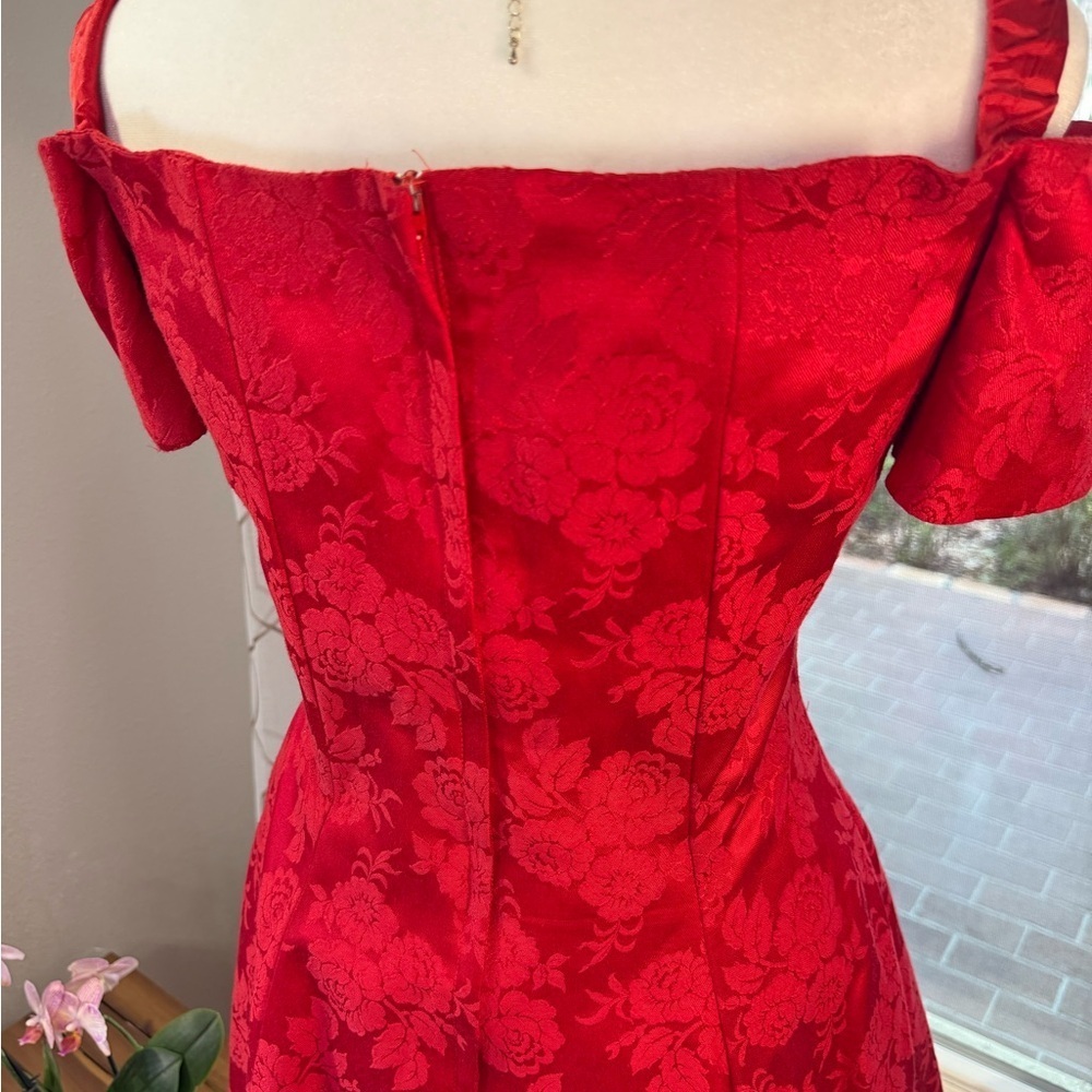 Vintage Gunne Sax Dress Womens 12 Red Jacquard Floral A-Line V-Neck Made USA 90s - Picture 6 of 9